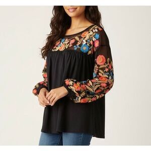NWT Sundance Catalog Belle Soirée Embroidered Boho Top Black Size M Long Sleeve